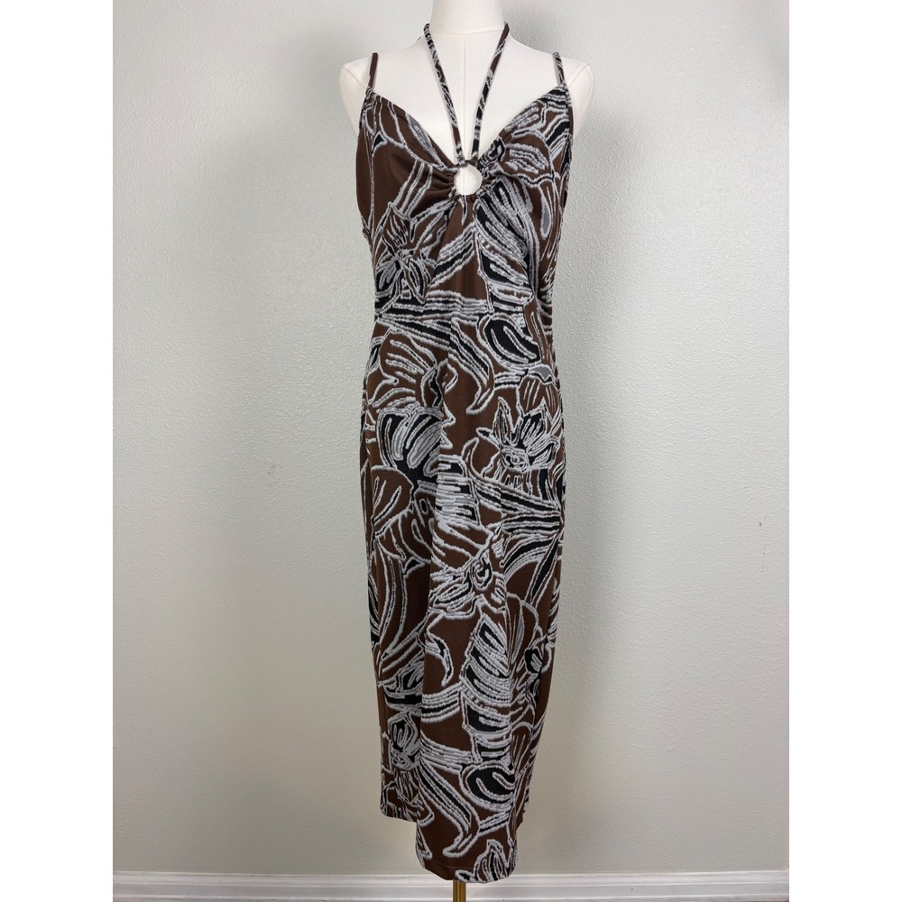 Zara Large Floral Jacquard Stretch Knit Halter O-Ring Dress Brown Bohemian Beach